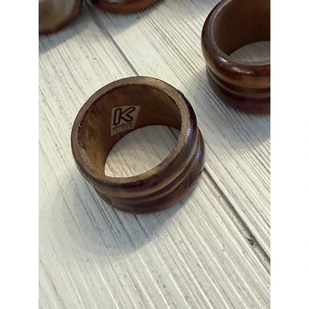 Knobler Taiwan Vintage Wood Napkin Rings Set 6 Brown Ribbed Mid Century Modern